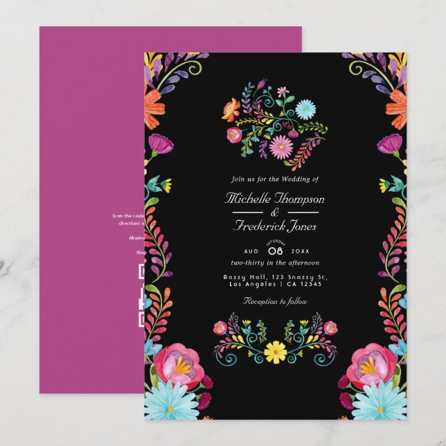 Convites Casamento Floral Mexican Fiesta Código QR RSVP (Frente/Verso)