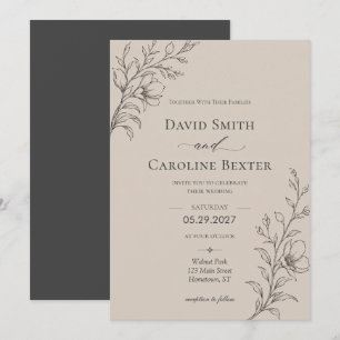 Convites Casamento Floral Minimalista Elegante Bege