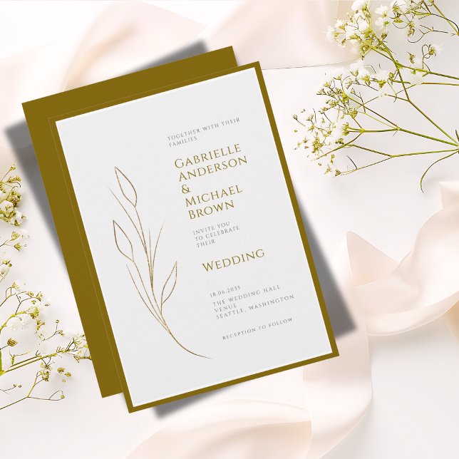 Convites Casamento Floral Mínimo de Cinza Dourada Elegante  (Criador carregado)