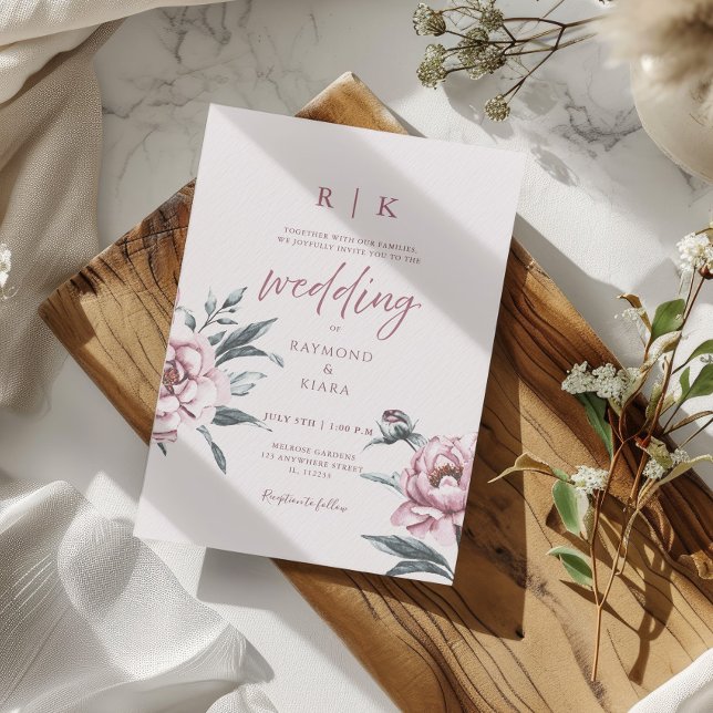 Convites Casamento Floral Mínimo Dusky Pink Pink Elegante (watercolor peony dusky pink wedding invitation
)