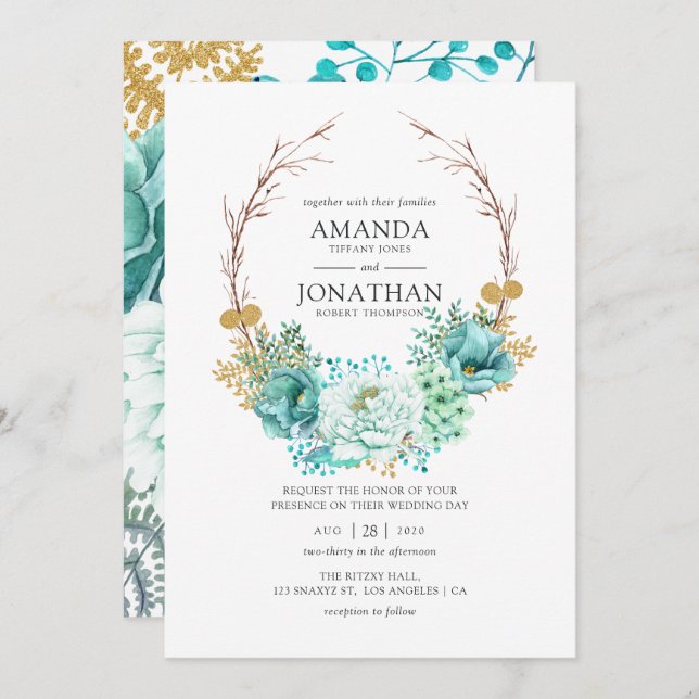Convites Casamento Floral Mint Watercolor (Frente/Verso)