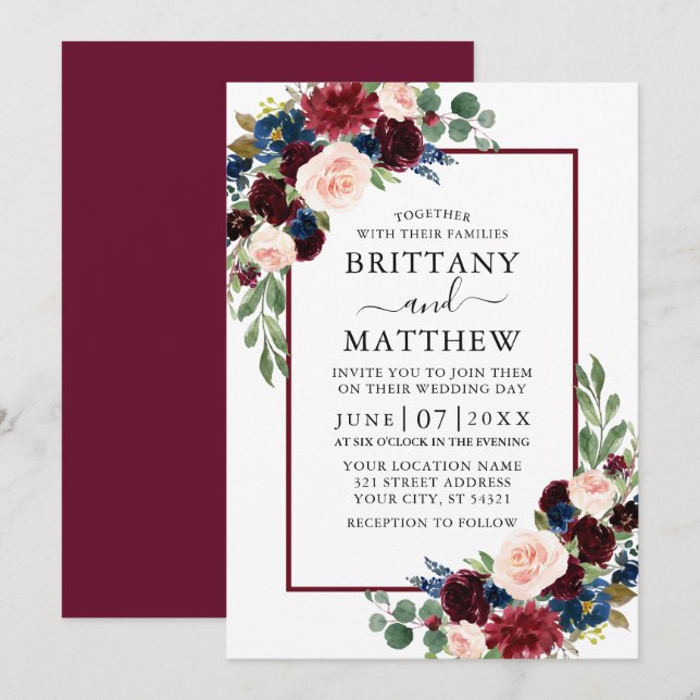 Convites Casamento Floral Misturado de Azul Burgundy (Frente/Verso)