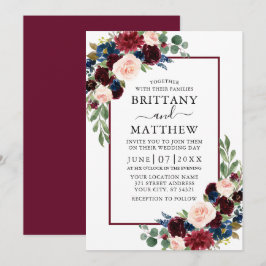 Convites Casamento Floral Misturado de Azul Burgundy
