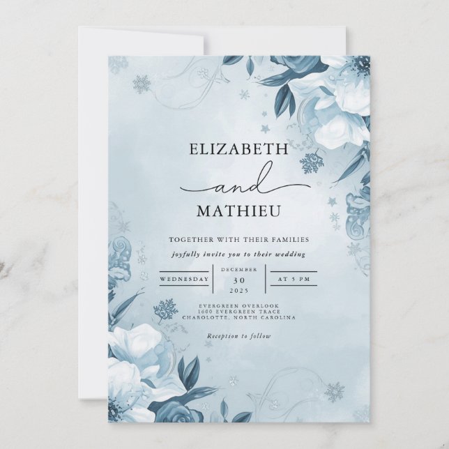 Convites Casamento Floral Misty Blue Watercolor (Frente)