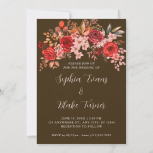 Convites Casamento Floral Mocha Brown, Rosas vermelhas Eleg