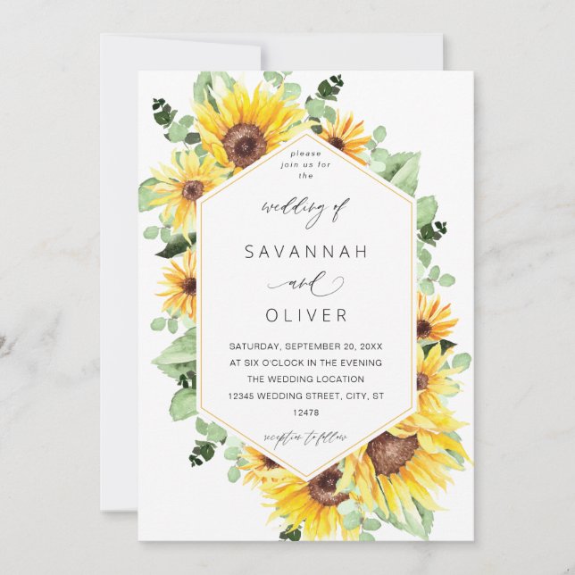 Convites Casamento Floral MOD de Girassol & Eucalipto (Frente)