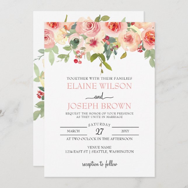 Convites Casamento Floral Moderno Blush (Frente/Verso)