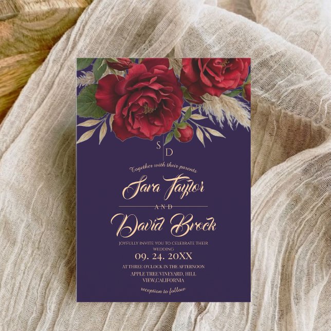 Convites Casamento Floral Moderno Boho Azul & Rosas  (Criador carregado)