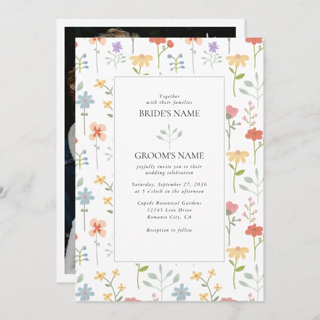 Convites Casamento Floral Moderno Boho Chic Wildflower (Frente/Verso)
