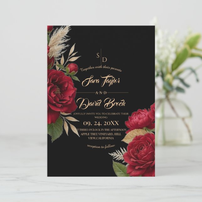 Convites Casamento Floral Moderno Boho de Rosas (Em pé/Frente)