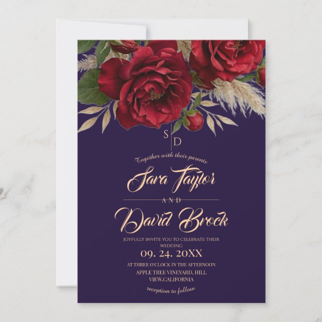 Convites Casamento Floral Moderno Boho Roxo & Rosas (Frente)