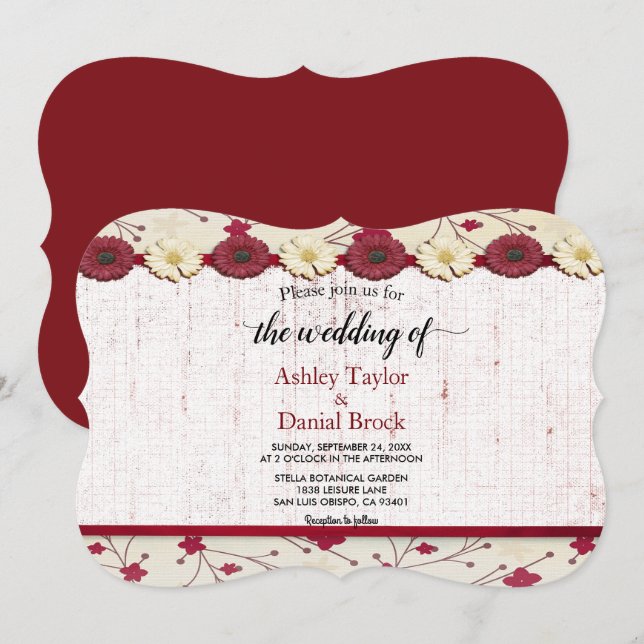 Convites Casamento Floral Moderno Burgundy Boho Clássico (Frente/Verso)