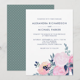 Convites Casamento Floral Moderno de Blush e Marinho | Vert