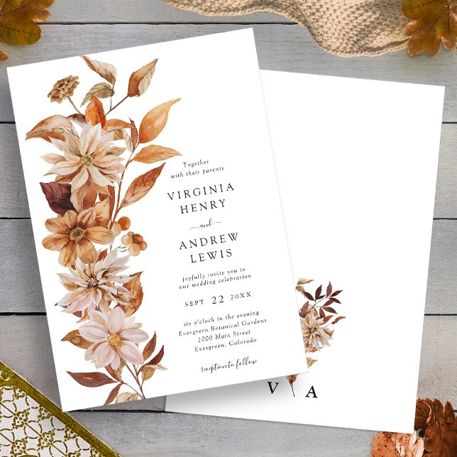 Convites Casamento Floral Moderno de Outono (Fall Modern Floral Wedding Invitation back Monogram by Painted Paperie
)