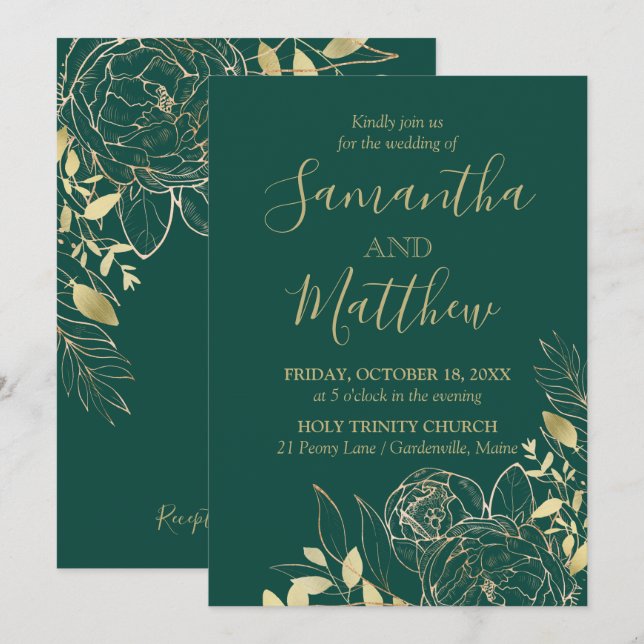 Convites Casamento Floral Moderno de Peony Moderno Emerald  (Frente/Verso)
