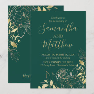 Convites Casamento Floral Moderno de Peony Moderno Emerald 