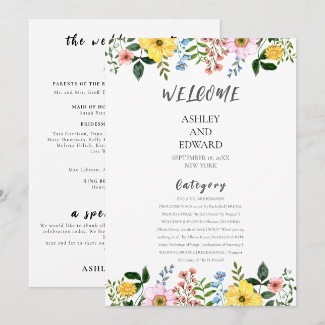 Convites Casamento Floral Moderno de Primavera com Amarelo  (Frente/Verso)