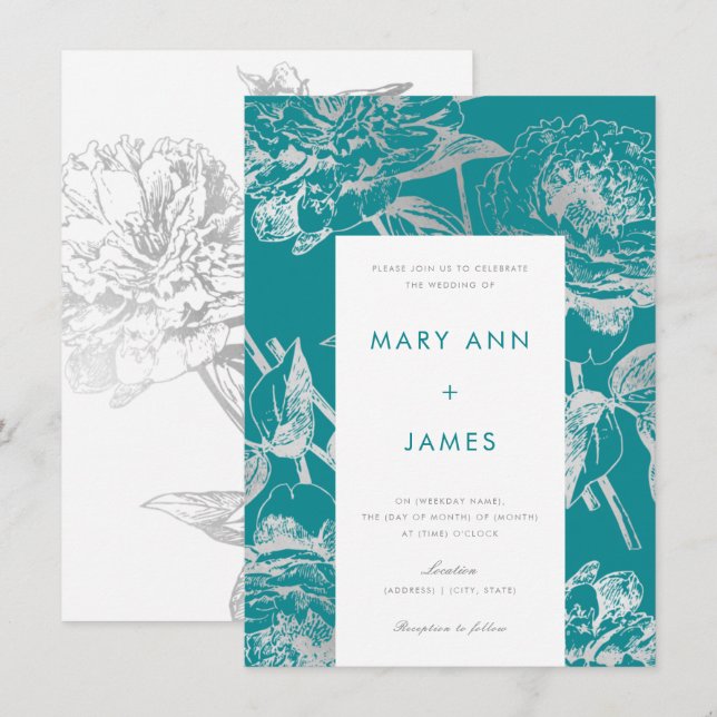 Convites Casamento Floral Moderno de Teal Silver Simples (Frente/Verso)