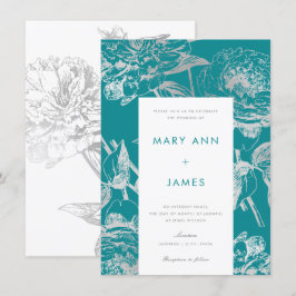 Convites Casamento Floral Moderno de Teal Silver Simples