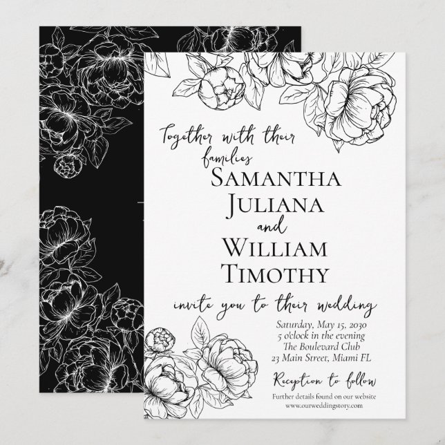 Convites Casamento Floral Moderno do Boho Branco Negro Eleg (Frente/Verso)