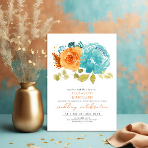 Convites Casamento Floral Moderno do Teal Burnt Laranja Mar