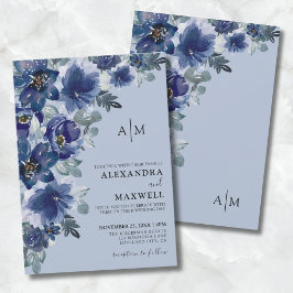 Convites Casamento Floral Moderno Elegante Azul Dusty