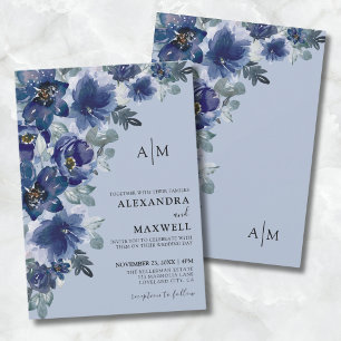 Convites Casamento Floral Moderno Elegante Azul Empoeirado
