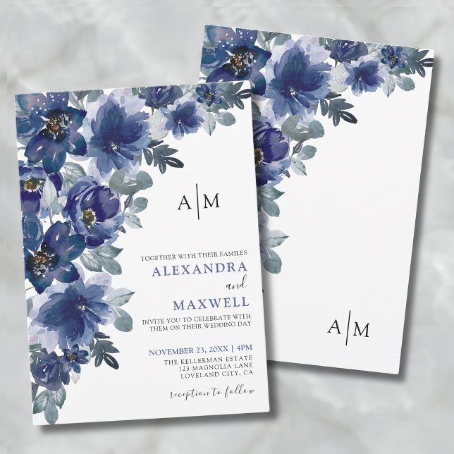 Convites Casamento Floral Moderno Elegante Azul Marinho (Navy Blue Elegant Modern Floral Wedding Invitation)