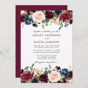 Convites Casamento Floral Moderno Elegante Burgundy