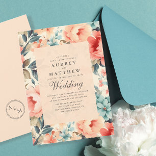 Convites Casamento Floral Moderno Elegante Peach & Teal