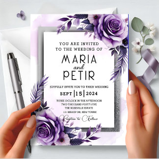 Convites Casamento Floral Moderno, Elegante Roxo e Prata