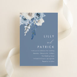 Convites Casamento Floral Moderno em Azul Poeirento e Branc