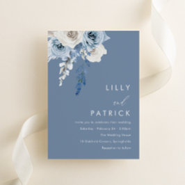 Convites Casamento Floral Moderno em Azul Poeirento e Branc