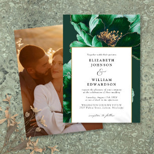 Convites Casamento Floral Moderno em Verde Esmeralda e Dour