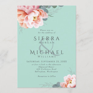 Convites Casamento Floral Moderno em Verde Hortelã Rosa Beg