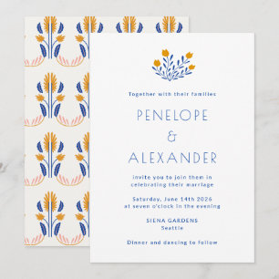 Convites Casamento Floral Moderno Folk Amarelo Azul Marigol