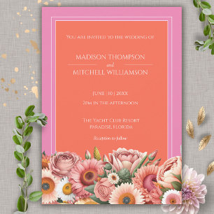 Convites Casamento Floral Moderno Laranja Rosa Jardim Nasce