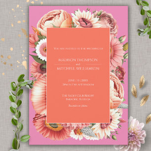 Convites Casamento Floral Moderno Laranja Rosa Jardim Nasce