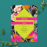 Convites Casamento Floral Moderno Maximalista Marble<br><div class="desc">Forma geométrica do amarelo neon 6 sobre laranja cor-de-rosa e cor de pêssego floral moderno com design marmorizado escuro. Os nomes são néon amarelos em bares cor-de-rosa quente.</div>