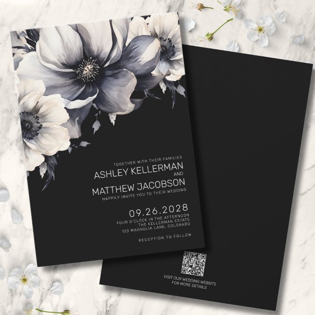 Convites Casamento Floral Moderno Negro (QR Code Budget Modern Elegant Black Floral Wedding Invitation)