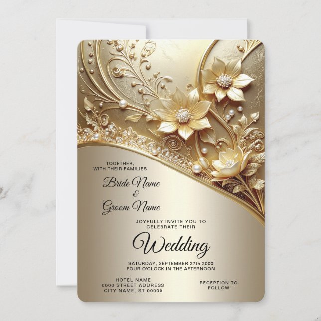 Convites Casamento Floral Moderno Ornamentado com Pérolas D (Frente)
