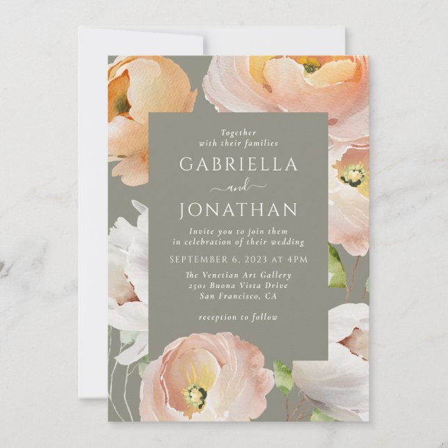 Convites Casamento Floral Moderno Peach Watercolor (Frente)