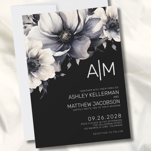 Convites Casamento Floral Moderno Preto (Modern Black White Initial Monogram Floral Wedding Invitation)