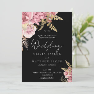 Convites Casamento Floral Moderno Rosa e Preto Dourado