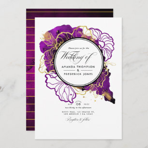 Convites Casamento Floral Moderno Roxo e Dourado Abstrato I