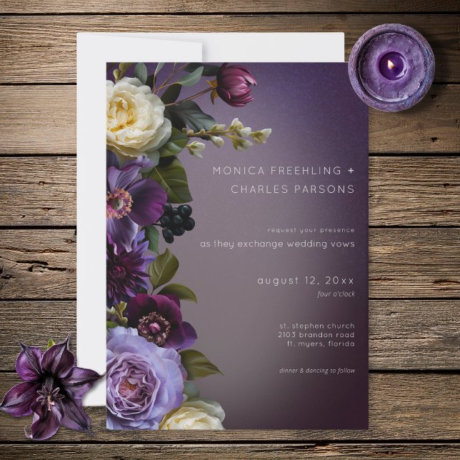 Convites Casamento Floral Moderno Roxo Lavanda Sombrio (Dark Moody Purple Lavender Floral Modern Wedding Invitation)