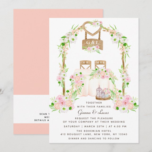 Convites Casamento Floral Moderno Russo por Aquarela Exteri (Frente/Verso)