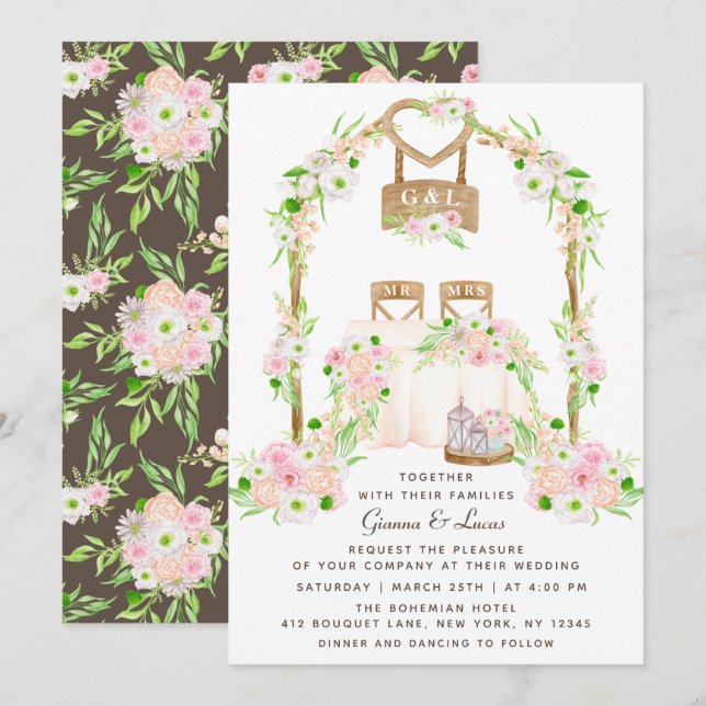 Convites Casamento Floral Moderno Russo por Aquarela Exteri (Frente/Verso)