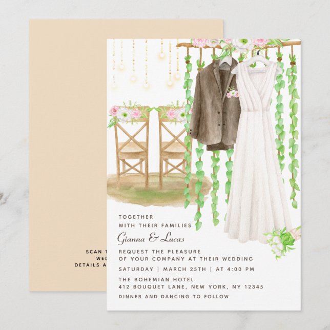 Convites Casamento Floral Moderno Russo por Aquarela Exteri (Frente/Verso)