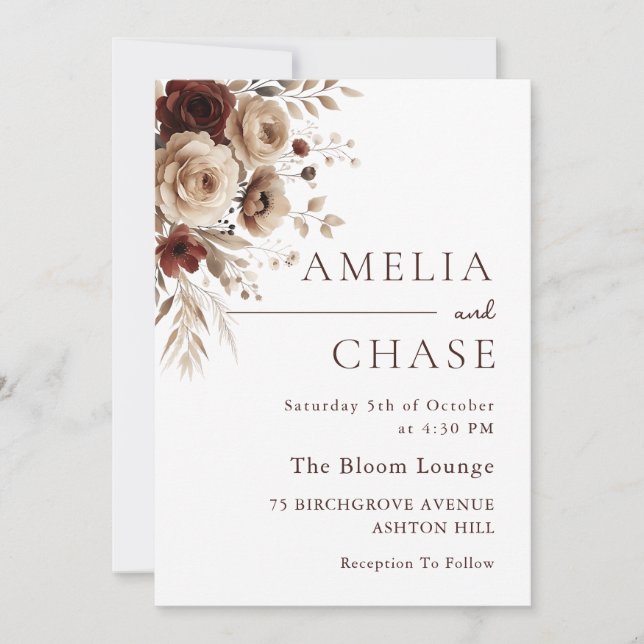 Convites Casamento Floral Moderno Terracotta Bohemian (Frente)